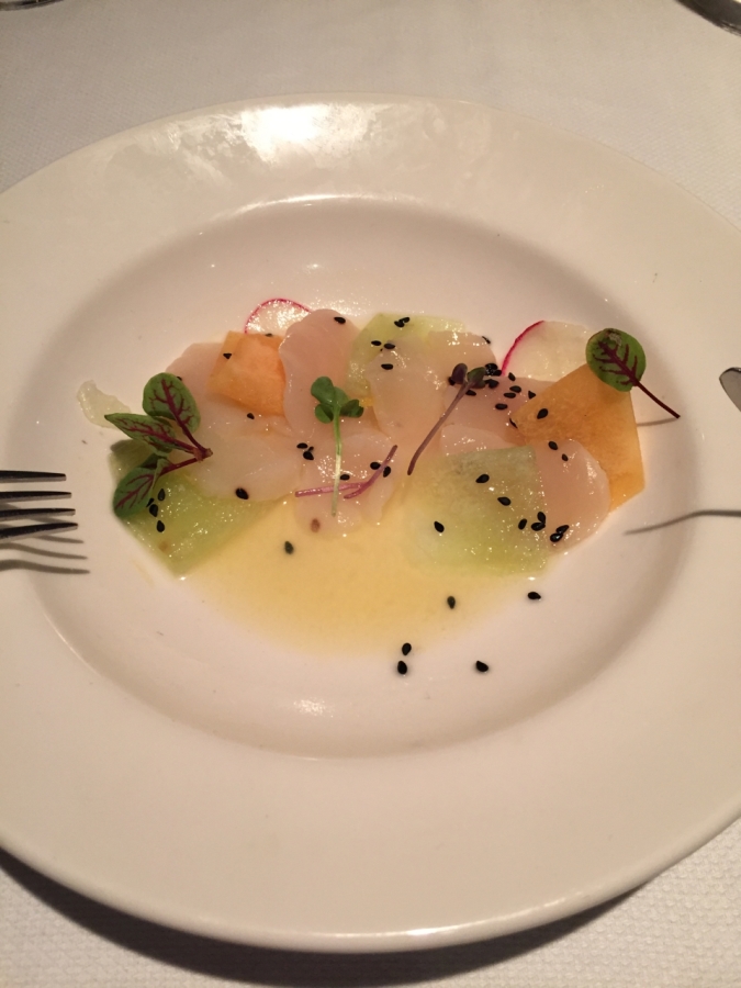 Giant Scallops and melon with yuzu and herbs