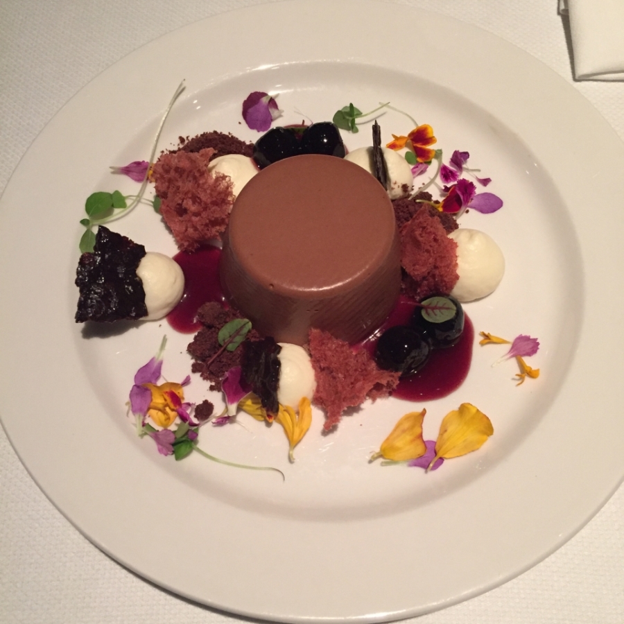 Black Forest Fantasy - chocolate mousse, cherries and flower petal garnish