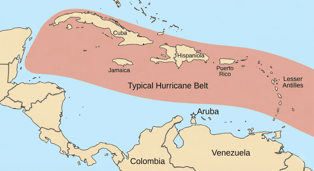 Map of the Caribbean showing Aruba located safely below the hurricane belt
