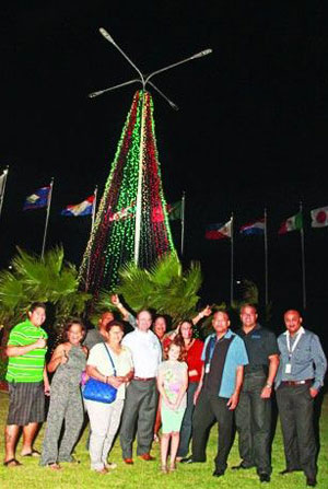 The new rotunda at the Reina Beatrix International Airport of Aruba also following the holiday trend, adorned with a brilliant display of lights to brighten the international collection of flags