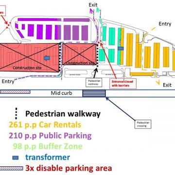 Changes in the public parking lot at the Aruba Aeropuerto Internacional Reina Beatrix as the development for the Solar Car Park proceeds