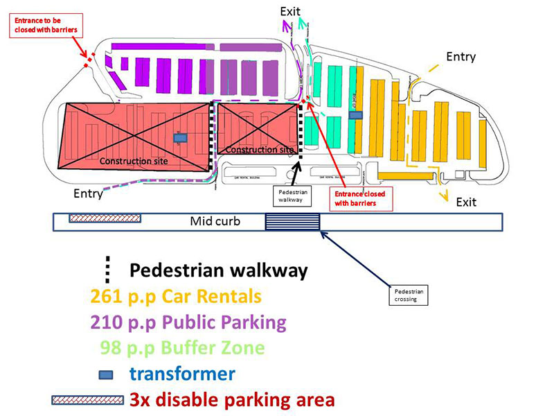 Changes in the public parking lot at the Aruba Aeropuerto Internacional Reina Beatrix as the development for the Solar Car Park proceeds