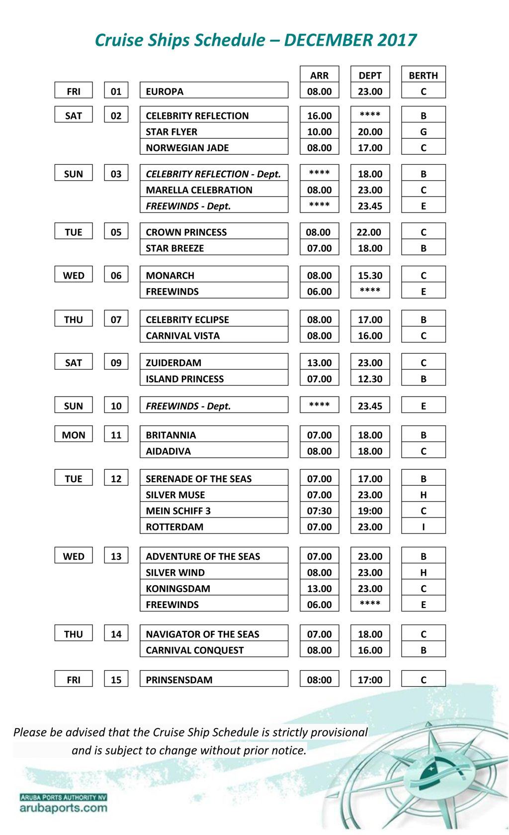 cruise schedule for aruba