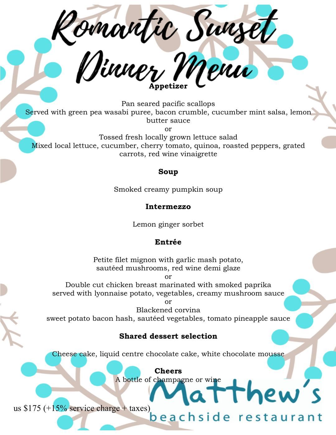 Romantic Sunset Dinner Menu at Matthew's - VisitAruba.com