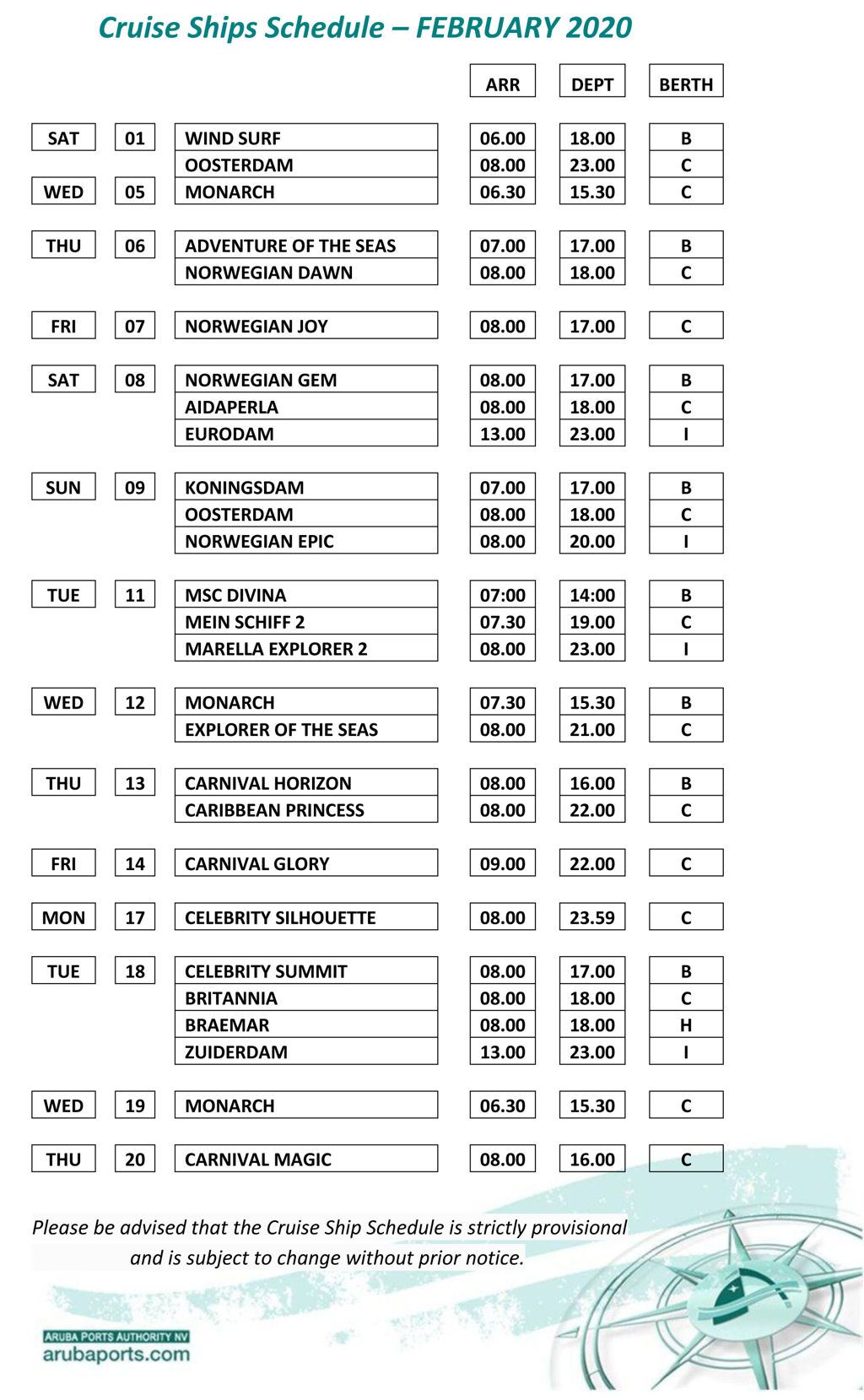 cruise schedule for aruba