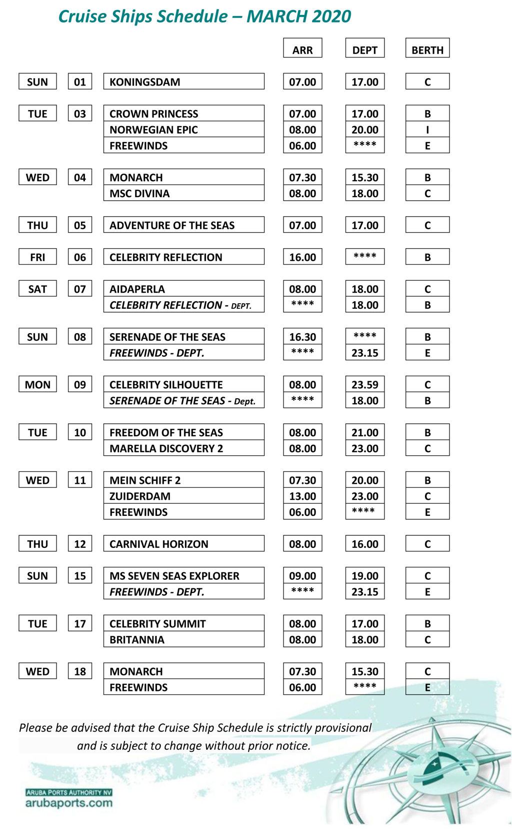 cruise schedule for aruba